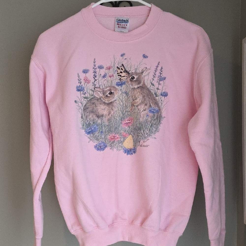 Gildan Pink Bunny Crewneck Sweater Girl's Large